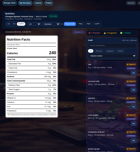 RecipeChef workspace from Moose Software Company