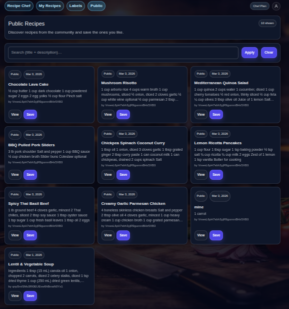 RecipeChef public recipes screen